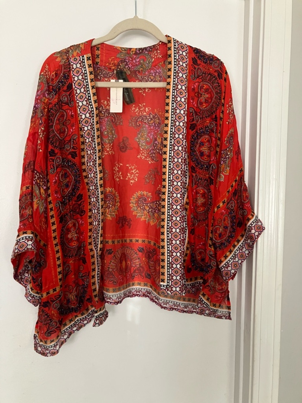 NWT Anthropologie Red Paisley-Print beaded Open duster One size